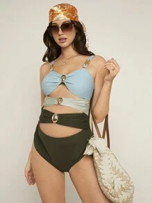 SHEIN Maternity Color Block Cut Out Summer Beach One Piece Swimsuit