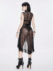 ROMWE Goth Ruffle Trim Belted Lace Kimono Without Bra - Black - View 2