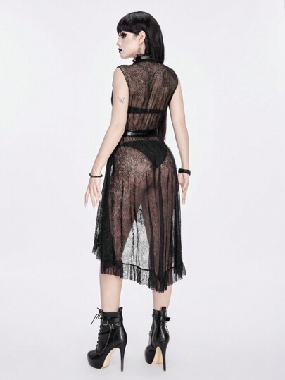 Goth Ruffle Trim Belted Lace Kimono Without Bra