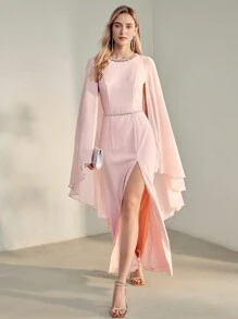 MOTF PREMIUM Vestido con detalles de pedrería, mangas con reloj estilizado y abertura en el muslo - Rosa - Ver 2