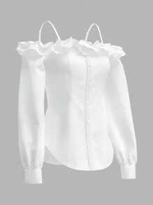 Firerie Elegantes weißes Langarmhemd mit dreidimensionalem Rüschendesign für Damen, schulterfrei, trägerlos. Blusen für Damen. Geeignet für die Schulanfangszeit, Konzertkleidung für Damen. Auch für den Herbst geeignet. - Weiss - Übersicht 6