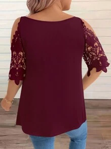 EMERY ROSE Plus Contrast Lace Cold Shoulder Half Zip Tee For Summer - Redwood - View 2