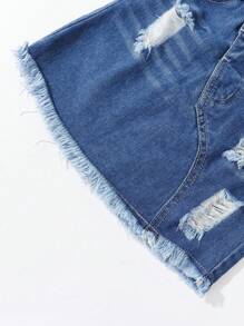 SHEIN Y2K スタイル クールなライトブルーのヴィンテージ加工フレイドリップデニムベスト&アシンメトリーなエラスティックウエストフレイドヘムデニムスカートセット　若い女性向け - ダークウォッシュ - チェックする 3