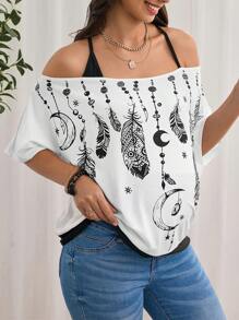 SHEIN Maternity Feather Print Cold Shoulder Tee - Black and White - View 1