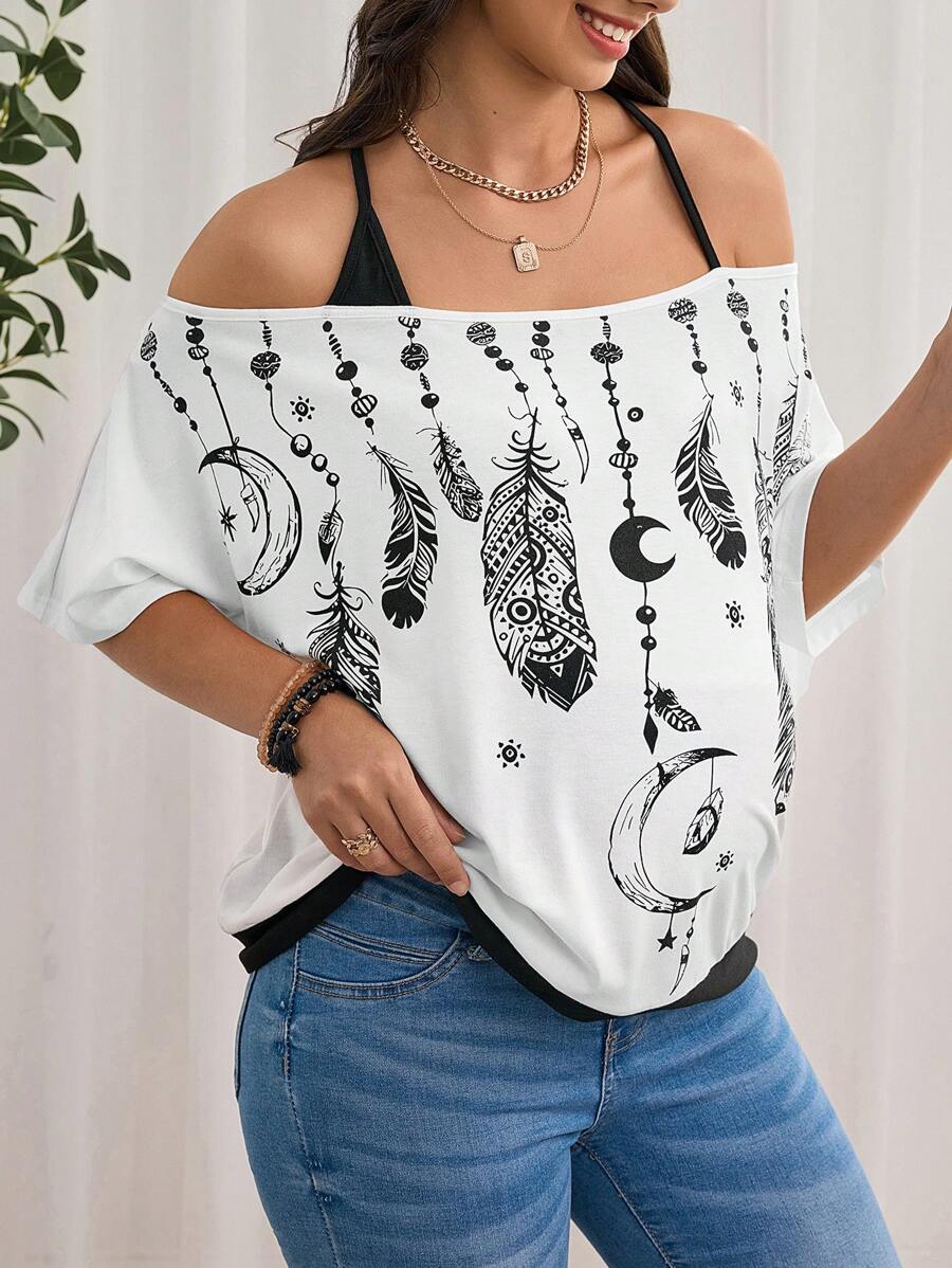 SHEIN Maternity Feather Print Cold Shoulder Tee - Black and White - View 1