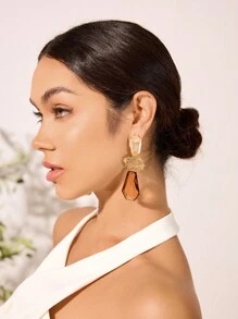 SHEIN SXY Pendientes colgantes de moda simple con diamantes de imitación geométricos - Marrón - Ver 2