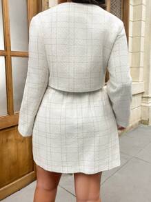 Celure Plus Plaid Print Button Front Jacket & Skirt - White - View 2