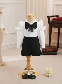 SHEIN Baby Girl Ruffle Trim Bow Front Shirt & Shorts - Black and White - View 1
