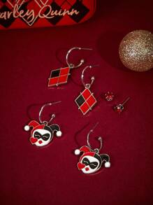 Harley Quinn X SHEIN 3 pares de aretes de esmalte con personajes de caricaturas y patrón geométrico - Multicolor - Ver 2