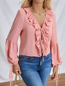 SHEIN LUNE Camisa de manga de farol para mujer con dobladillo de volantes y cinturón de lazo