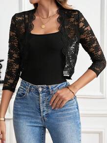 SHEIN Clasi Sheer Lace Scallop Trim Crop Jacket For Summer