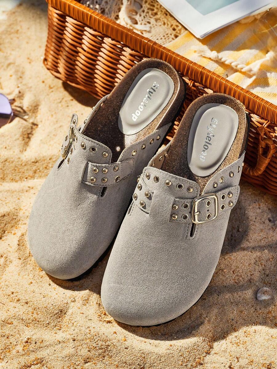 Solecia 女士纯色平底一脚蹬鞋，适合休闲、居家、户外、度假，波西米亚风复古法式鞋，万圣节圣诞节秋季 - 灰色 - 查看 1