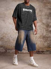 Manfinity Roughcore Maglietta da uomo oversize con stampa di lettere, scollo rotondo, manica raglan, adatta per l'estate - nero - Visualizzare 7