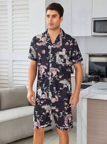 Men Floral Print Contrast Piping PJ Set / Pajama Set - Multicolor - View 8
