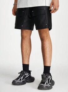 Manfinity NXTstreet Men's Coated Loose Straight Shorts, Suitable For Summer - Black - View 5