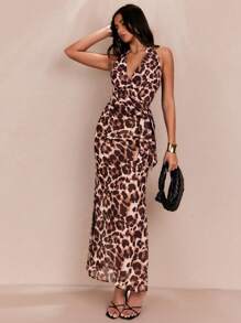 SHEIN BAE Summer Beach Vacation Date Party Sexy Printed Animal Leopard Pattern Halter Neck Bow Tie Backless Women's Tank Top & Maxi Skirt Set For Women