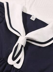 Vestido Estilo Colegial de Manga Curta com Colarinho de Marinheiro para Meninas - Azul Royal - Visão 8