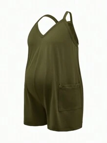 SHEIN BASICS Casual Solid Knit V-Neck Front Pocket Cami Jumpsuit, For Maternity, Pregnancy Clothes