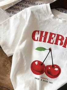SHEIN Conjunto de 2 piezas de ropa casual de verano para niñas jóvenes con top con gráfico de cereza vintage y pantalones cortos, ropa para niños - Multicolor - Ver 3