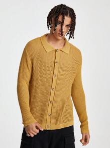Manfinity Hypemode Cardigan Masculino Sólido com Botão Frontal para Uso Diário - Amarelo Mustarda - Ver 9
