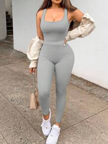 SHEIN Slayr Ensemble 2 pièces grande taille : top débardeur simple unicolore et leggings pour l'été - Gris pâle - Voir 1