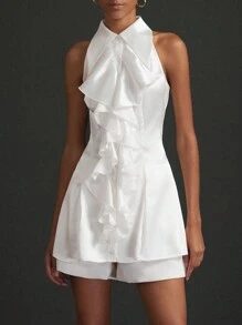 Aveloria Elegant Sleeveless Halter Neck Women's Shirt With Delicate French Palace Style Ruffle Trim And Bright Color