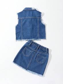 SHEIN Y2K スタイル クールなライトブルーのヴィンテージ加工フレイドリップデニムベスト&アシンメトリーなエラスティックウエストフレイドヘムデニムスカートセット　若い女性向け - ダークウォッシュ - チェックする 2