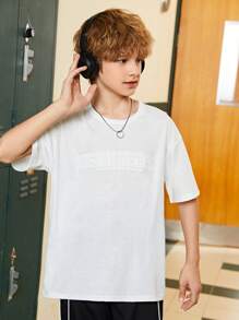 SHEIN Tween Boys' Summer Letter Embossed Round Neck Casual Short Sleeve T-Shirt - Multicolor - View 1