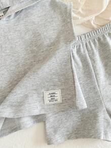 Baby Boy And Girl Gray 2pcs Hooded Short Sleeve Top With Decorative Patches And Loose Knitted Shorts, Casual, Comfortable, Breathable Fabric, Suitable For All-Match And Cute Outfits, Fashionable For Daily Wear, Korean Style, Perfect For Staying At Home, Or Going To School