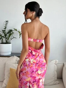 Firerie Spring Break Floral Print Draped Backless Tube Long Summer Dress - Multicolor - View 3