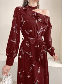 Seusyu Plants Print Asymmetrical Neck Ruffle Trim Belted Dress - Redwood - View 6