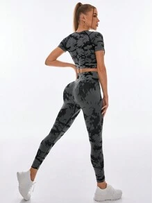 漸變色連衣袖上衣和褲子無縫運動套裝 - 彩色 - 查看 3