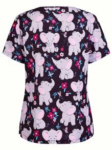 Plus Size Women's Digital Printed Stretchy Sporty Nurse Uniform/Hand-Washing/Work Pocket Scrub Top