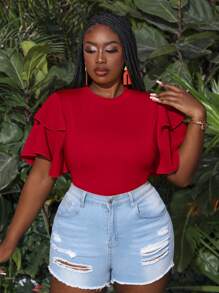 Slaydiva Plus Size Layered Ruffle Sleeve Bodycon Bodysuit - Red - View 6