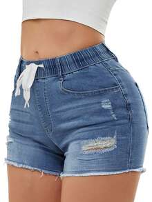 Drawstring Waist Ripped Raw Cut Denim Shorts For Summer