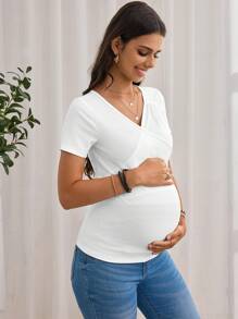 SHEIN Maternity Solid V Neck Casual Tee For Summer