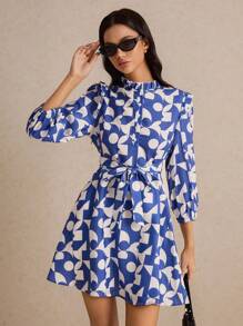 SHEIN Frenchy In Toàn bộ Thắt lưng Váy sơ mi - Xanh và trắng - Xem 5