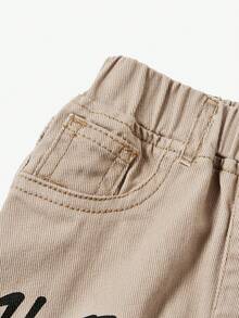 SHEIN Quần jean ống đứng in họa tiết dáng rộng giản dị cho bé trai sơ sinh - Màu Khaki - Xem 3