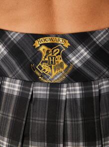 HARRY POTTER X SHEIN Falda plisada de cuadros para mujer con estampado de letras - Negro - Ver 8