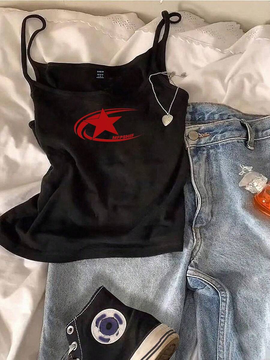 Attitoon 女士休闲五角星图案性感吊带背心，适合夏季吊带背心 - 黑色 - 查看 1