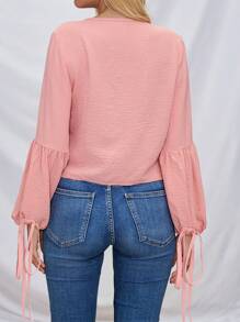 SHEIN LUNE Camisa de manga de farol para mujer con dobladillo de volantes y cinturón de lazo
