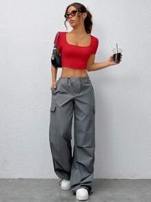 SHEIN EZwear 夏日實心圓領短身T恤