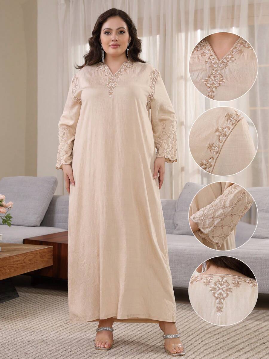 Elegant Embroidered Arabic Dress, JALABIA Floral Lace Sleeve V-Neck Dress, Graceful Spring/Summer 2025, RAMADAN, Eid Al Adha - Apricot - View 1