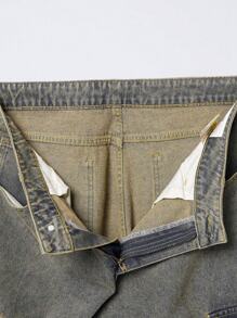 ROMWE MEN Street Life Men Flap Pocket Cargo Jeans, School - Bronze - View 3