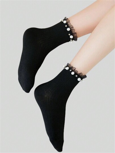 Goth Women's Sweet Pearl Decor Mid-Calf Socks, Summer