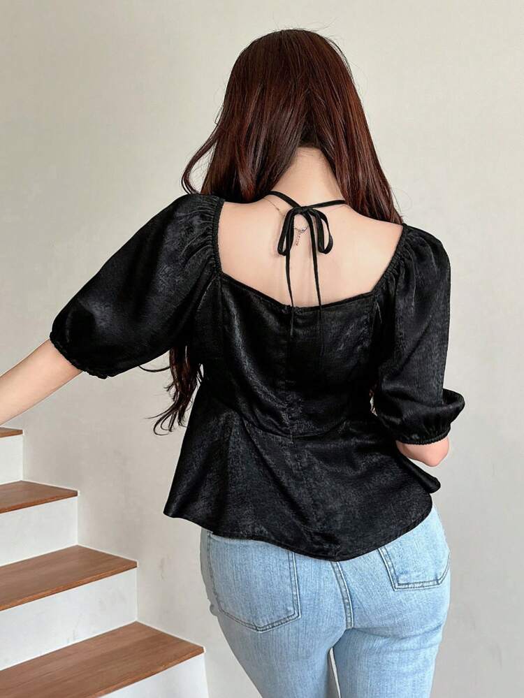 Solid Color Short Sleeve Stand Collar Shirt With Zipper And 3D Flower Pendant For Women,Ruffle
