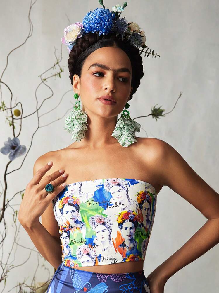 Frida Kahlo X SHEIN Women s Character And Letter Printed Slim Fit Crop Corset Tube Top With Bandeau Design For Summer SHEIN