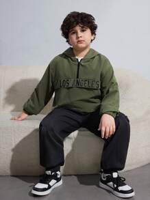 SHEIN Chaqueta informal con capucha de cremallera para chicos preadolescentes con tallas extendidas y estampado de letras, para otoño/invierno