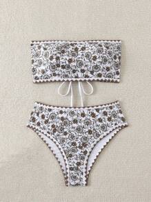 SHEIN Swim 女性夏季海灘花卉印花無肩帶比基尼套裝，隨機印花 - 彩色 - 查看 3