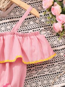 SHEIN 少女夏季假期露肩膀肩帶彩塊編織裙 - 粉色 - 查看 7